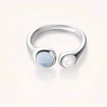 Sterling Silver Plated Stackable Rings Set | White Onyx & Aquamarine | Adjustable Single & Double Layer Rings | Minimalist Jewelry Gift