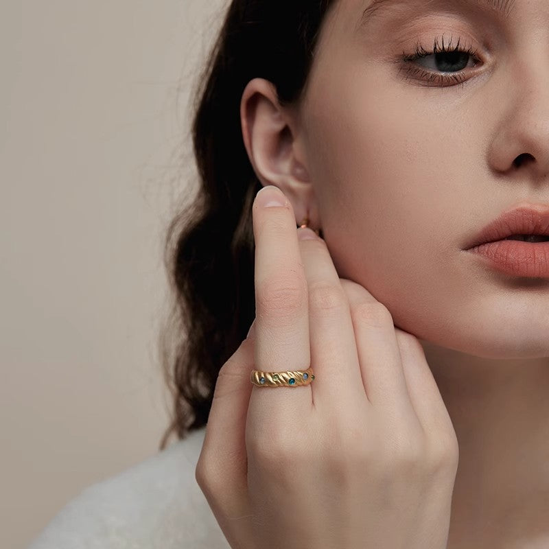 Handwoven Adjustable Ring | Gold-Plated Starry Sky Design | Blue & Yellow Glass Stones | Matte Finish Boho Jewelry