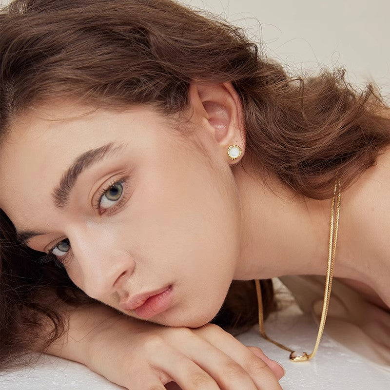 "Moonlight Mother-of-Pearl Studs" 925 Silver Posts | K Gold Plated | Minimalist & Dainty Earrings