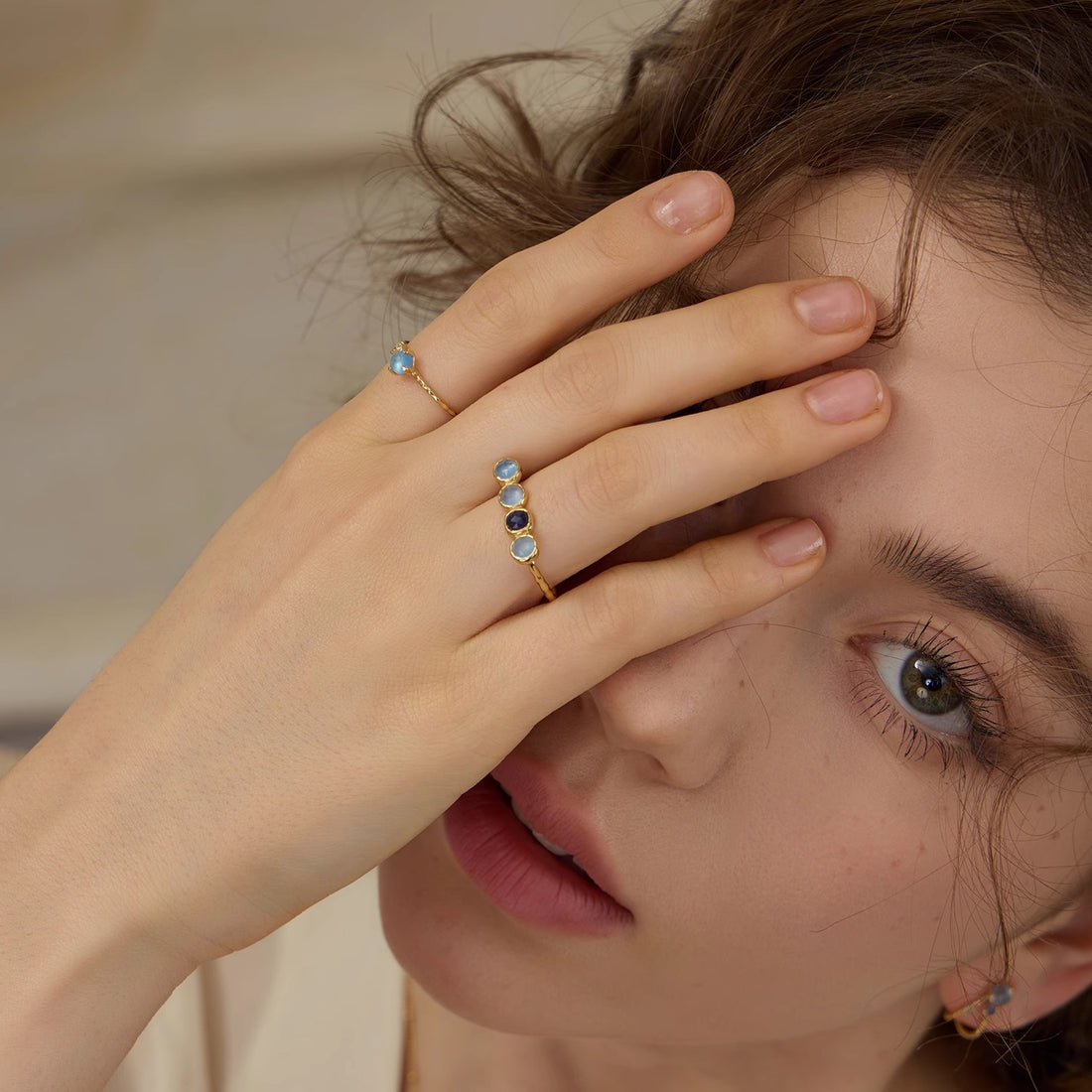 Dainty Blue Chalcedony & Topaz Ring | S925 Sterling Silver Gold-Plated | Handcrafted Stackable Ring | Gift for Her/Mom