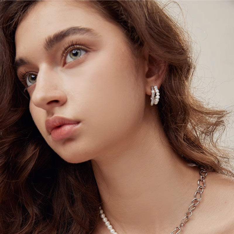 Luminous Pearl & CZ Stud Earrings K Gold Plated | 925 Silver Posts | Minimalist Luxury Pearl Drop Earrings