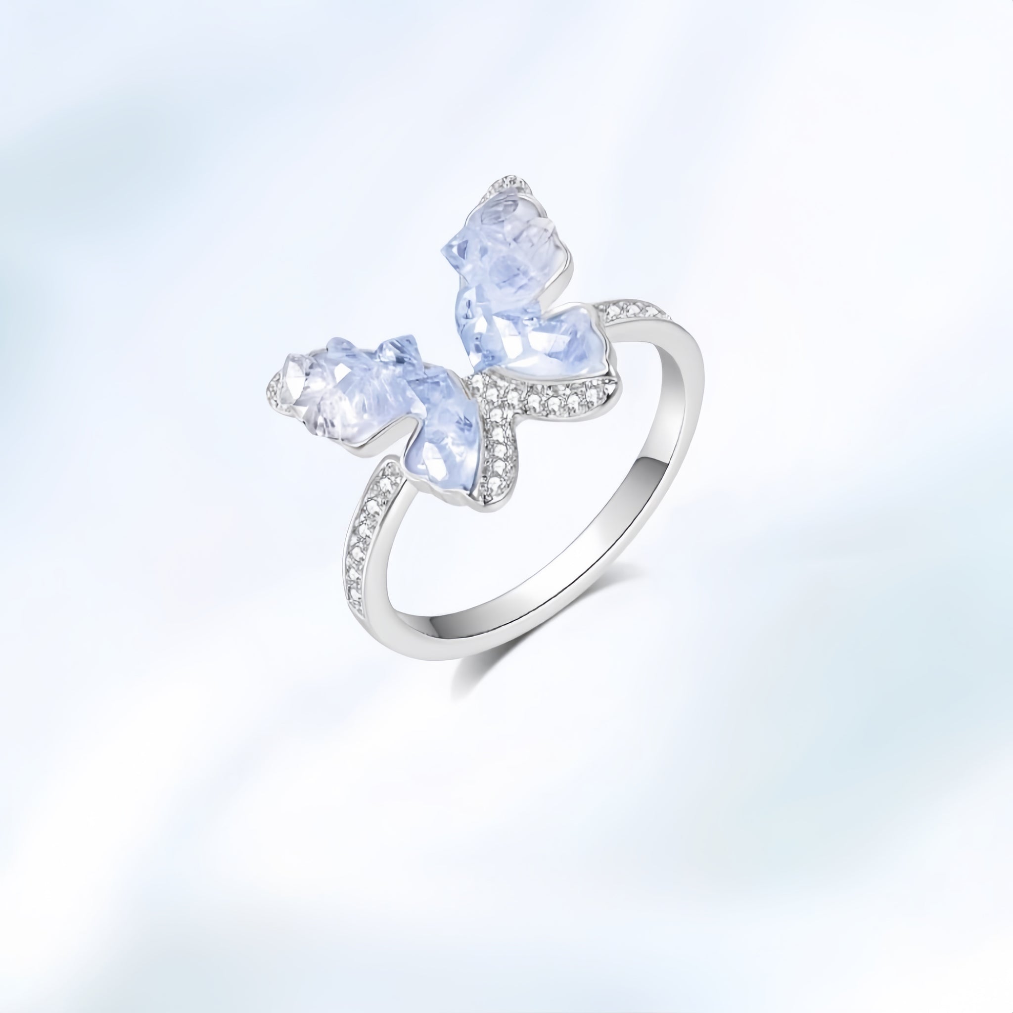 🦋【Crystal Butterfly Ring】Adjustable Open Band Ring |platinum-Faceted Crystal + Faceted Beads | Dainty Stackable Ring | Size 6