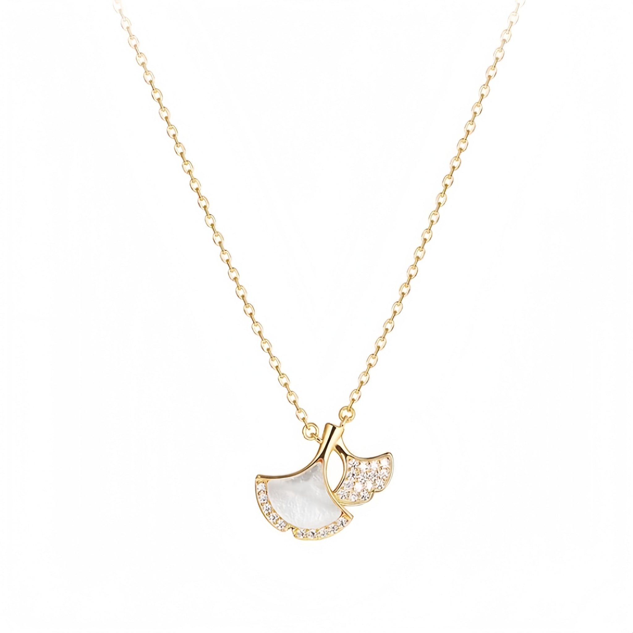 🍂【Ginkgo Leaf Necklace】925 Sterling Silver Pendant | CZ & Shell Accents | Dainty Adjustable Choker