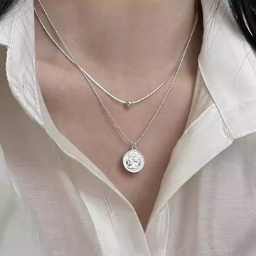 【Layered Coin Necklace】925 Sterling Silver Portrait Pendant | Adjustable Chain | Minimalist Dainty Choker