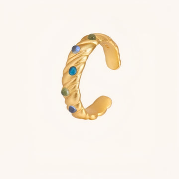 Handwoven Adjustable Ring | Gold-Plated Starry Sky Design | Blue & Yellow Glass Stones | Matte Finish Boho Jewelry