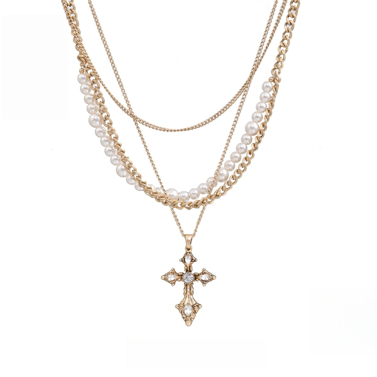 Baroque Pearl Cross Necklace | Matte Antique Gold Layered Chains | Adjustable Statement Piece | Boho Chic Jewelry