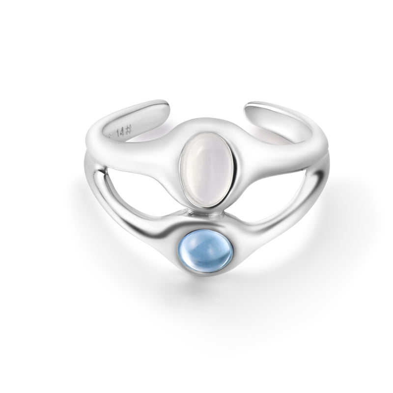 Sterling Silver Plated Stackable Rings Set | White Onyx & Aquamarine | Adjustable Single & Double Layer Rings | Minimalist Jewelry Gift